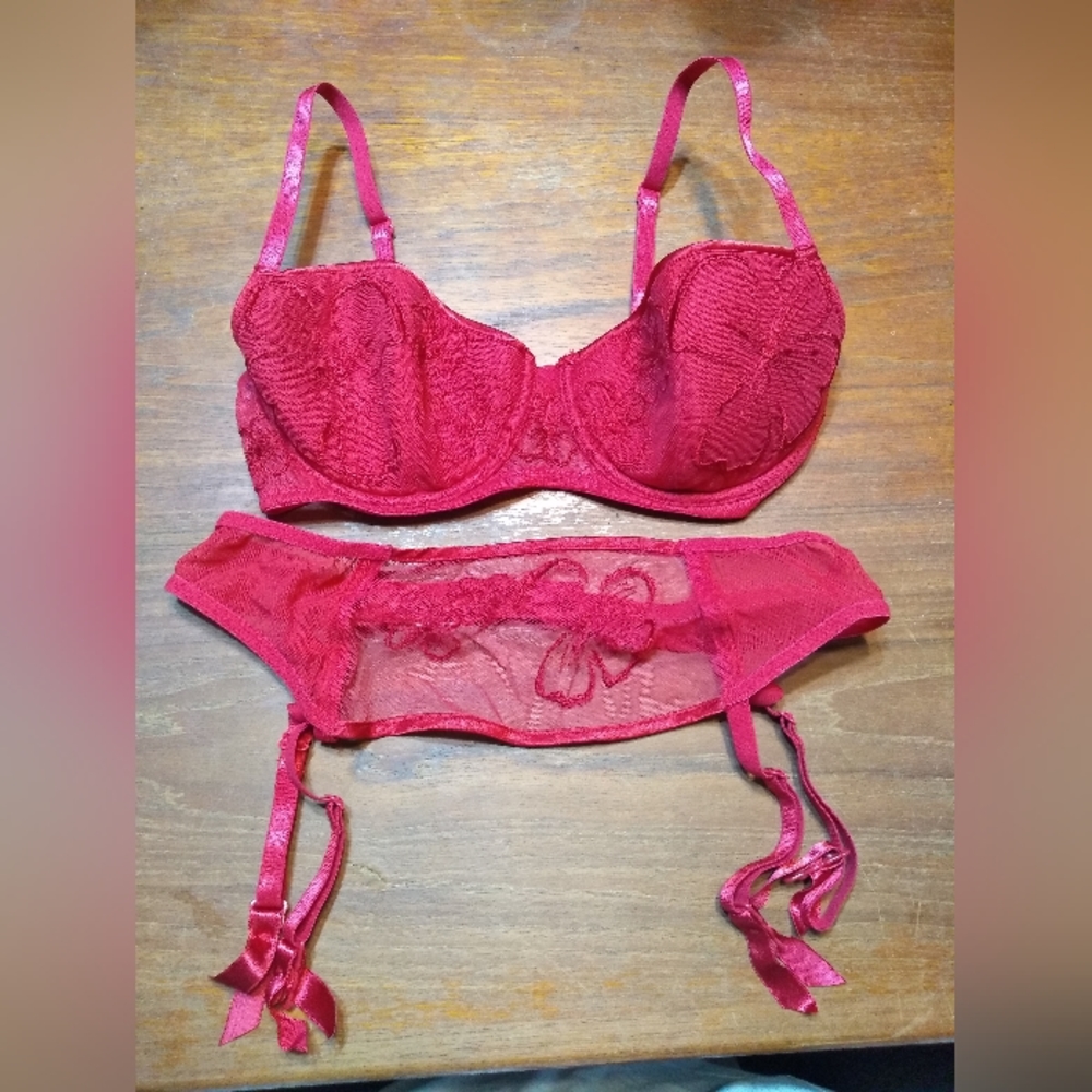 La Senza 2-Piece Red Bra (34B) & Red Lace Garter (Size Medium)